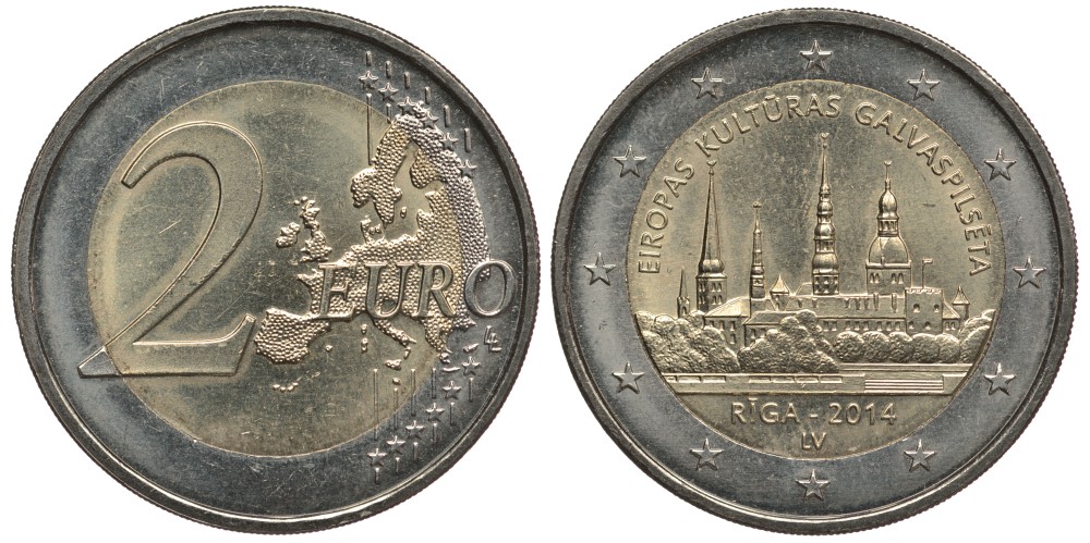 Латвия 2 евро 2014 Рига, культурная столица европы KM 158 биметалл 179-842