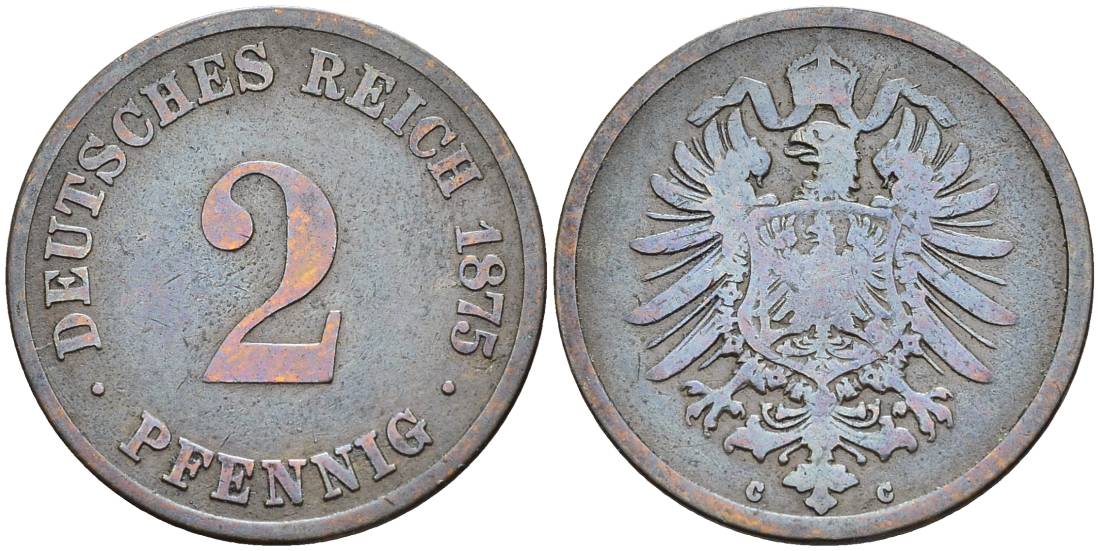ГЕРМАНИЯ 2 ПФЕННИГА 1875 C, СТАРОГЕРБОВКА KM 2, Jager 2, Weege 3 медь 4546-544