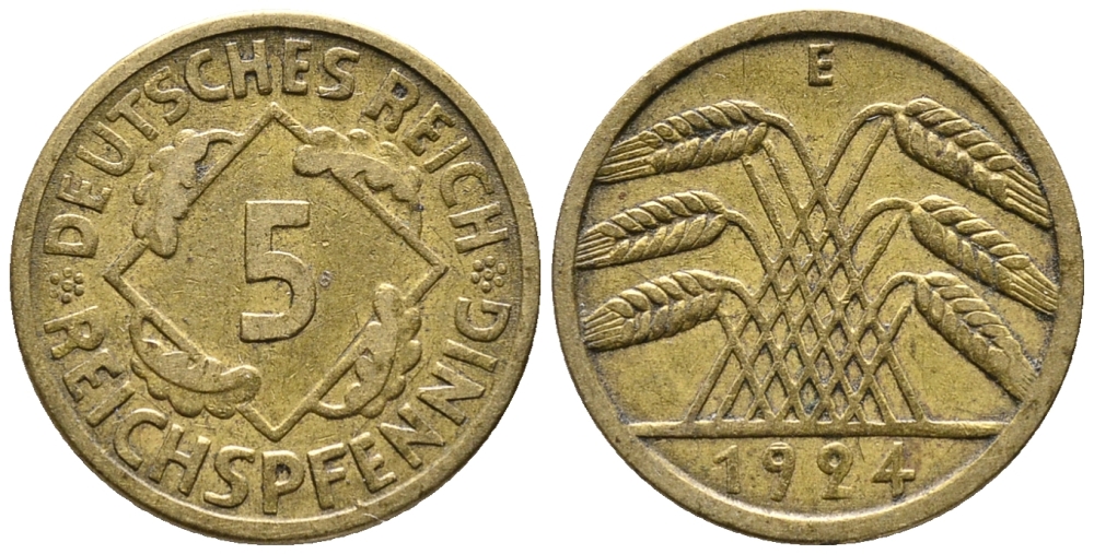 ГЕРМАНИЯ 5 РЕЙХСПФЕННИГОВ 1924 E KM 39, J. 316 алюминиевая бронза 39-533