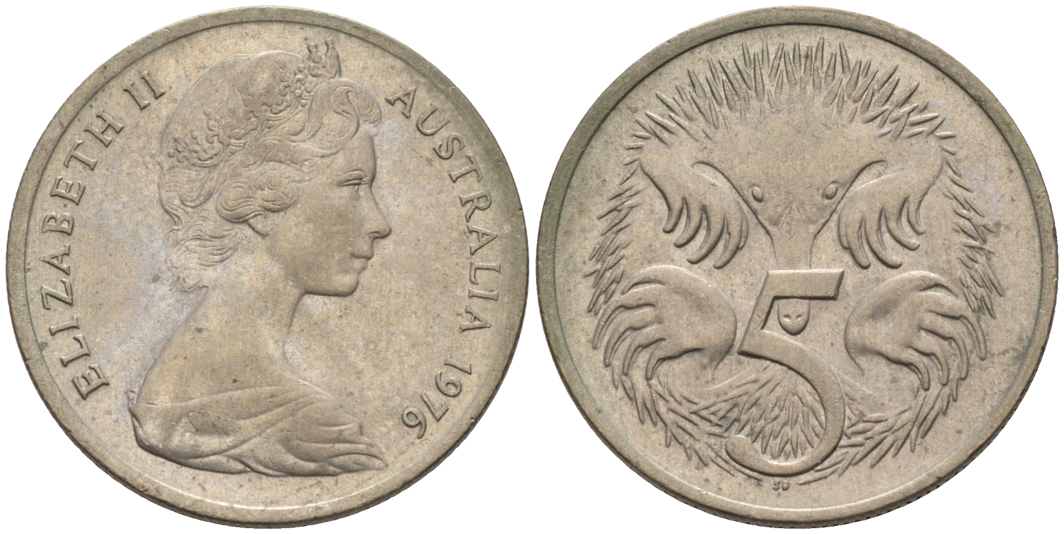 Австралия 5 центов 1976 королева Елизавета II (1952-2022), ехидна KM 64 медно-никель UNC 4564-1157