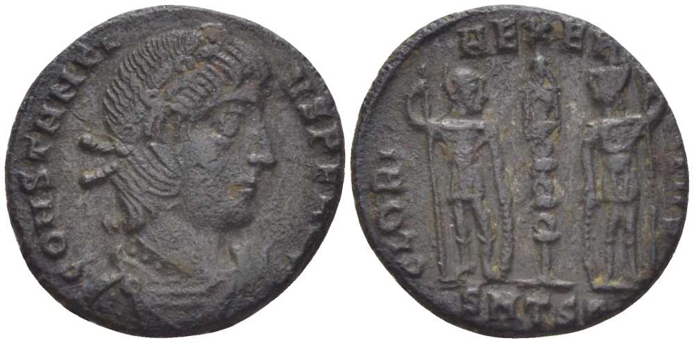 Римская Империя нуммий 337 - 340 Констанций II, CONSTANTIVS P F AVG / GLORIA EXERCITVS, Фессалоника, (степень редкости С2) RIC 56 биллон 1073-17-102