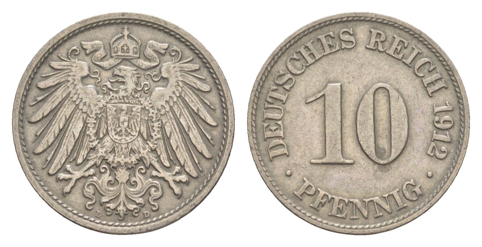 Германия 10 пфеннигов 1912 D, Вильгельм II (1888-1918) KM 12, J. 13 медно-никель 4164-433