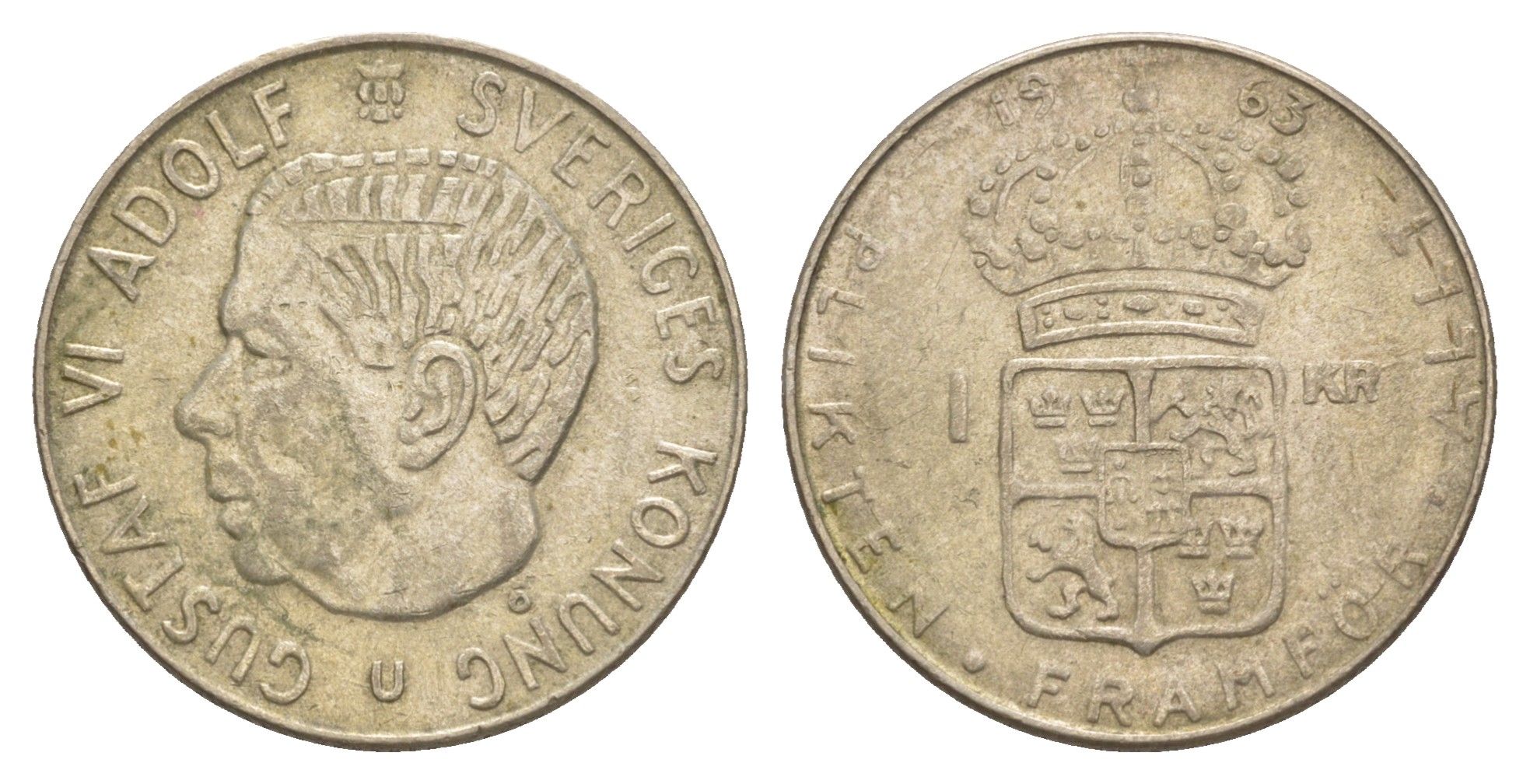 Швеция 1 крона 1963 U, Густав VI Адольф (1950-1973) KM 826 серебро 4650-253
