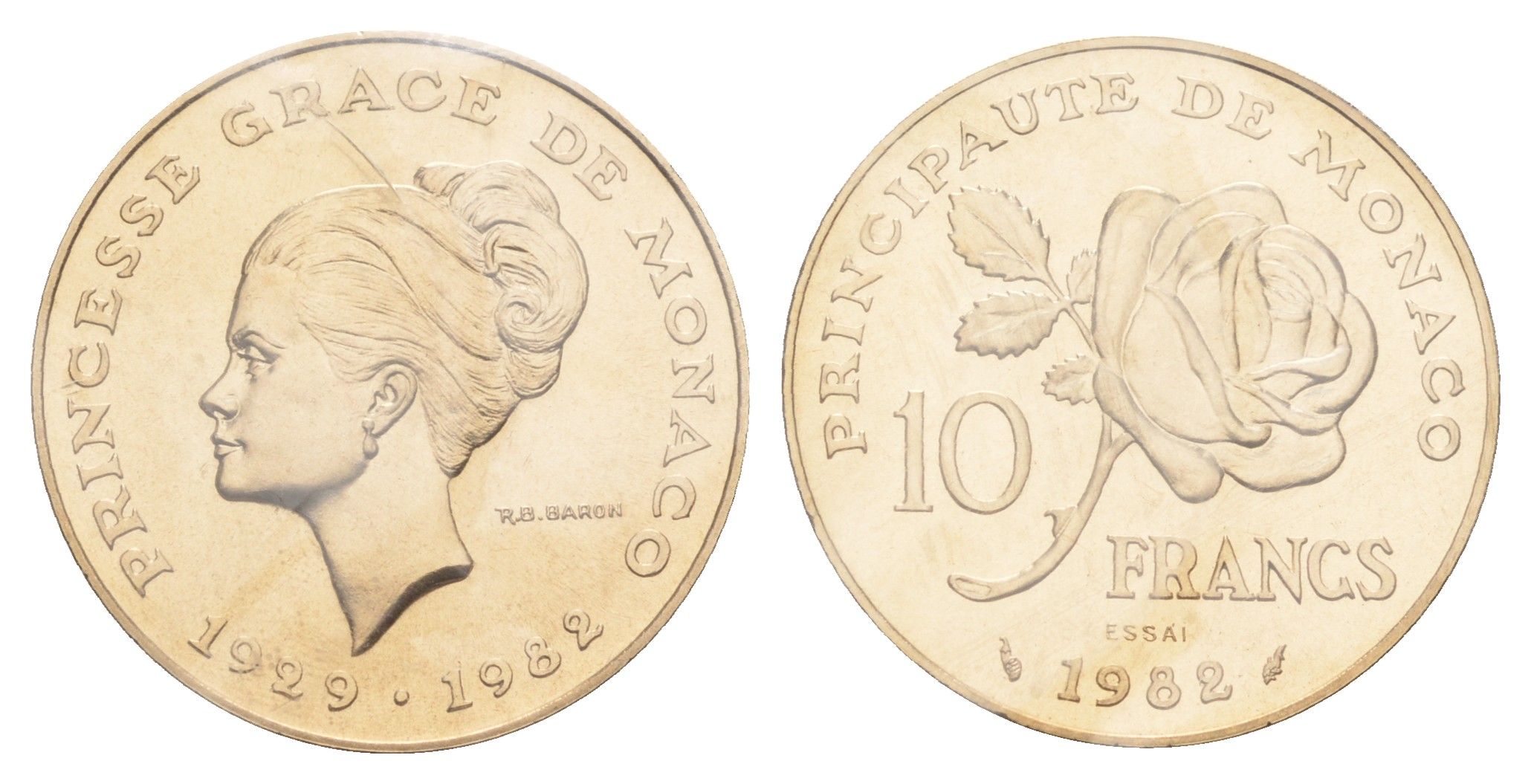 Монако 10 франков 1982 Смерть принцессы Грейс, Essai - Пробник, в запайке KM E72 медь алюминий никель BU 1531-1132