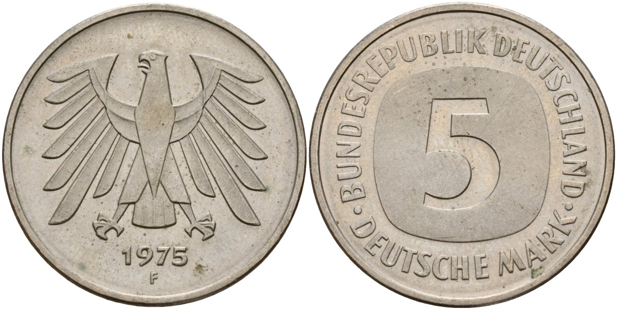 ФРГ 5 марок 1975 F, монетный двор Штутгарт КМ 140.1, J. 415 медно-никель плакированный никелем 4157-232
