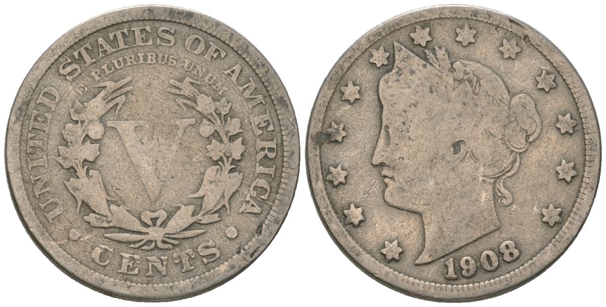 США 5 центов 1908 голова свободы KM 112 медно-никель 3336-223