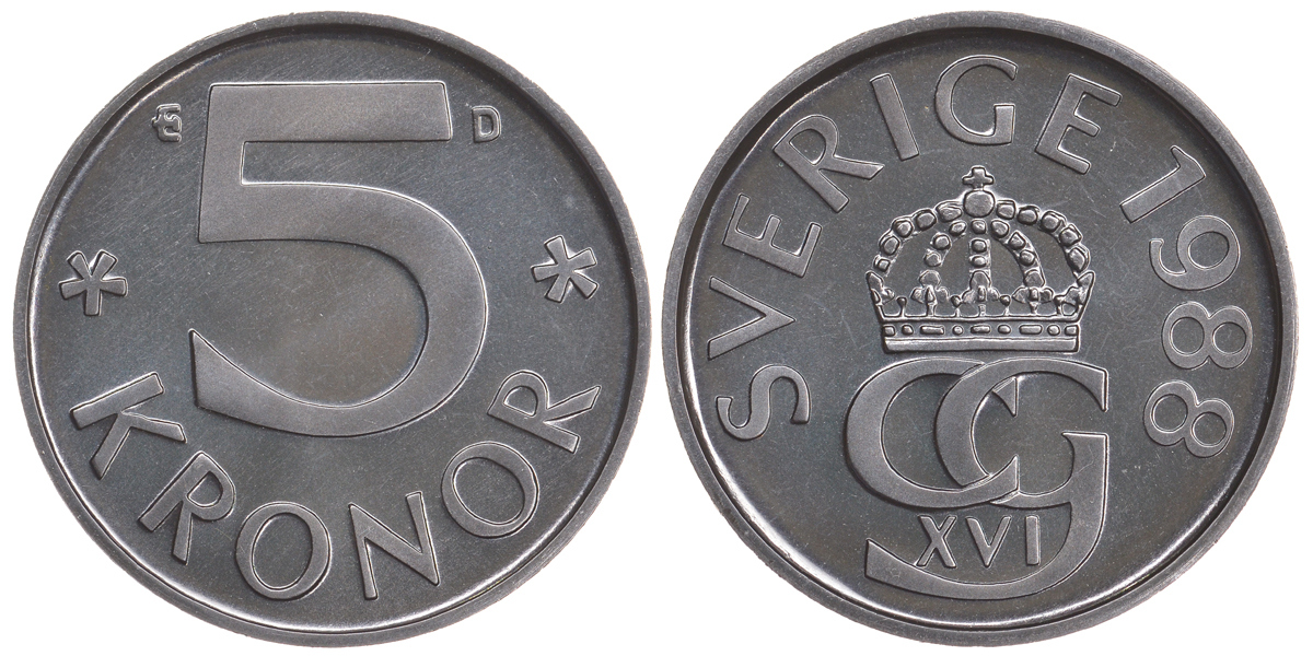 Швеция 5 крон 1988 D, Карл XVI Густав (1973- ) KM 853 медно-никель PROOFLIKE 3897-1111