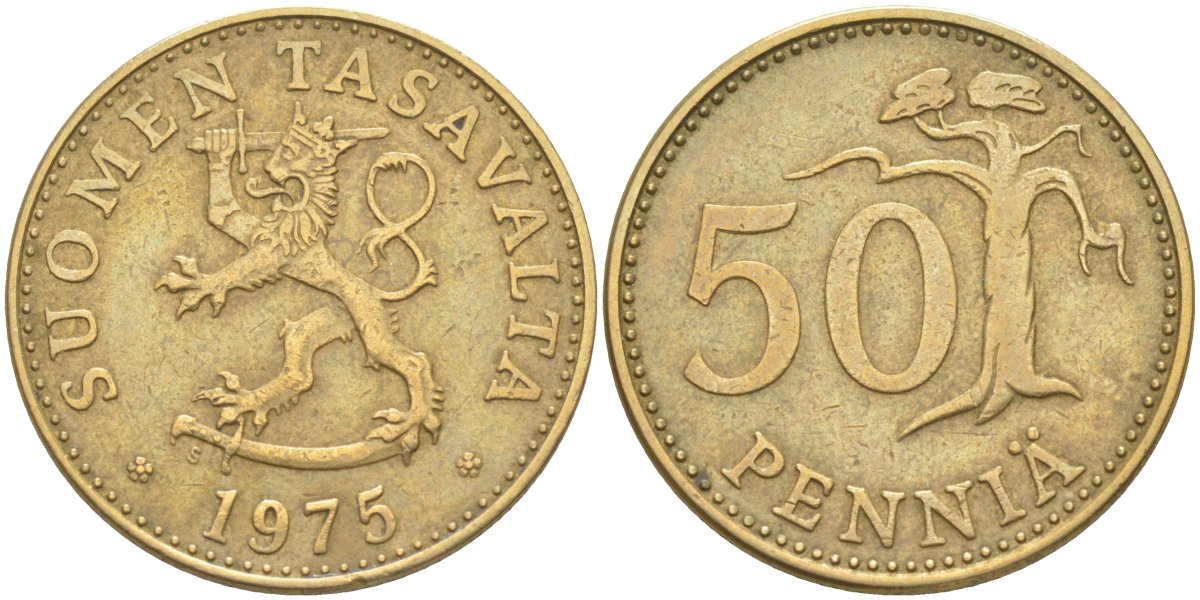 Финляндия 50 пенни 1975 S KM 48 алюминиевая бронза 219-1213