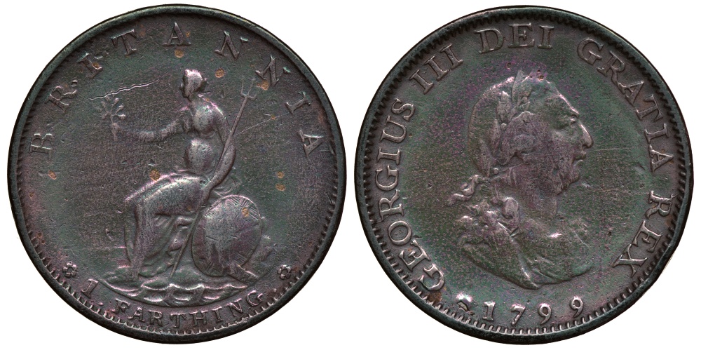 Великобритания 1 фартинг 1799 Георг III (1760-1820) KM 646, Spink 3779 медь 603-1333