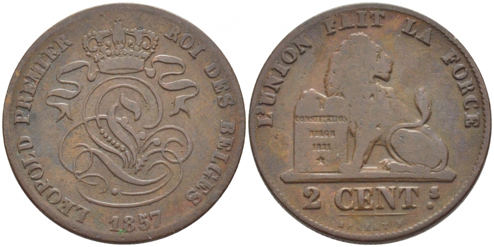 БЕЛЬГИЯ 2 САНТИМА 1857 BELGES KM 4.2 медь 4448-624