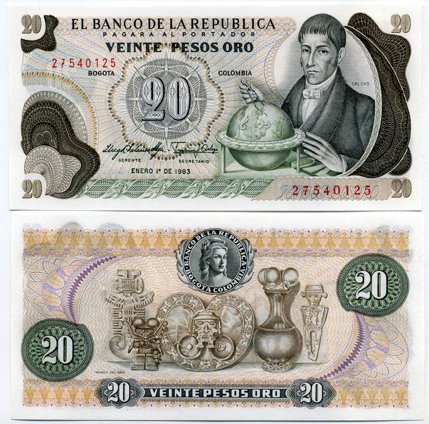 Колумбия 20 песо 1983 Франсиско Хосе де Кальдас, музей золота Pick 409d бумага UNC (пресс) 447-45-1