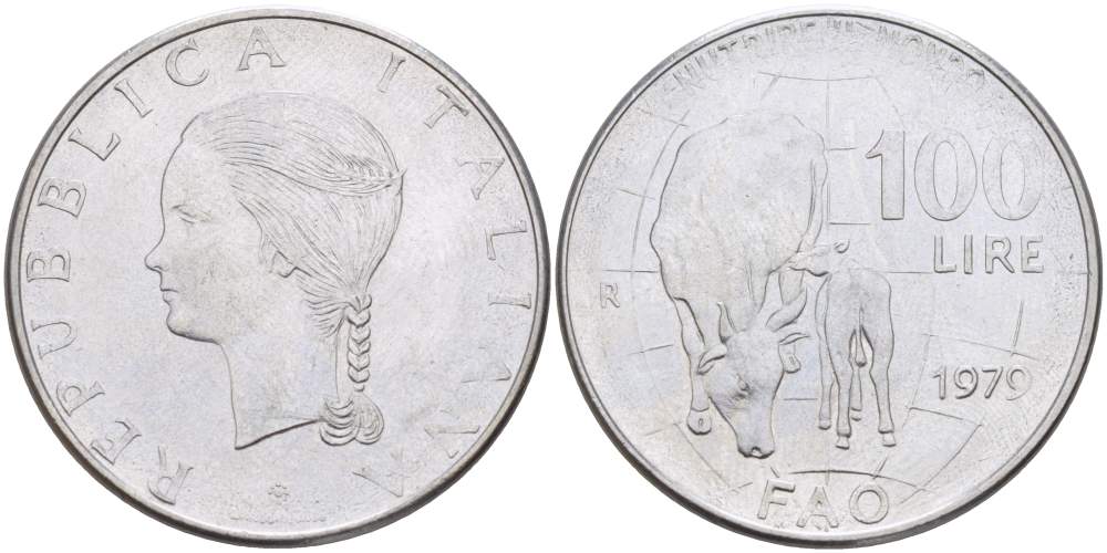 Италия 100 лир 1979 R, FAO, корова с теленком KM 106 нержавеющая сталь 4531-124