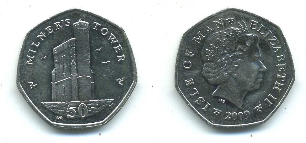 ОСТРОВ МЭН 50 ПЕНСОВ 2009 БАШНЯ МИЛНЕРСА KM 1258 медно-никель UNC 540-323