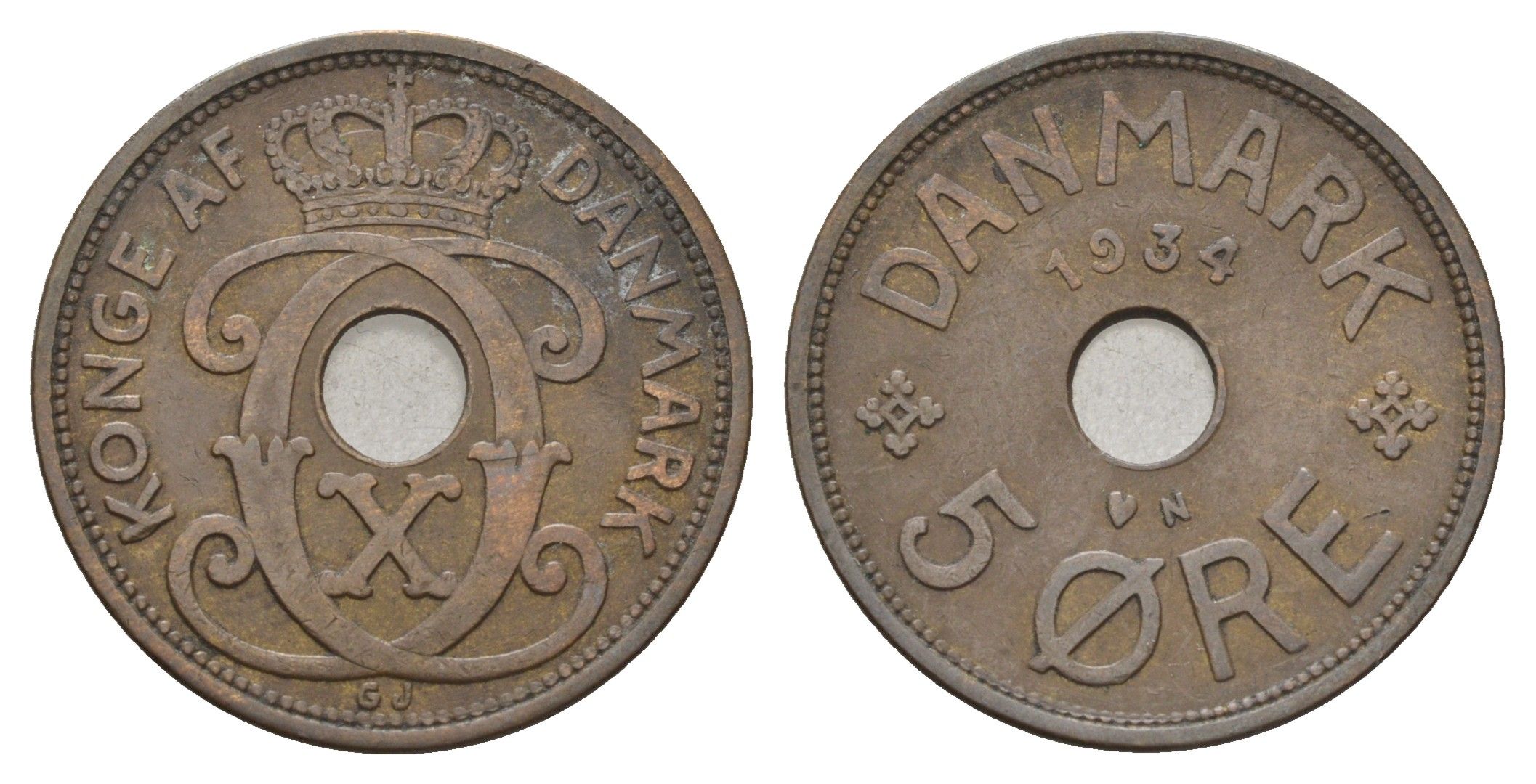 Дания 5 эре 1934 N, Кристиан X (1912-1947) KM 828 бронза 4700-837