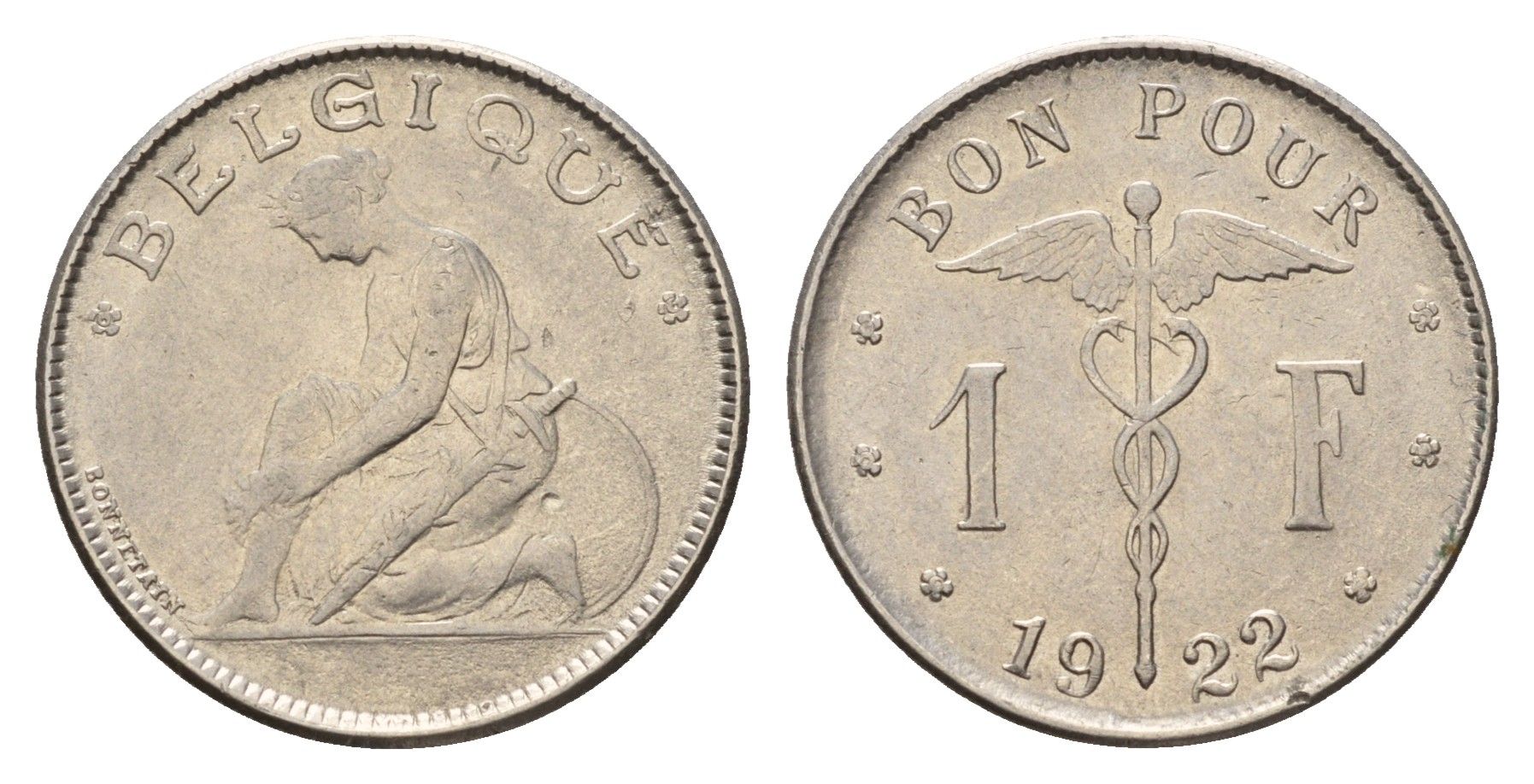 Бельгия 1 франк 1922 Belgique, Альберт I (1910-1934) KM 89 никель 3996-646