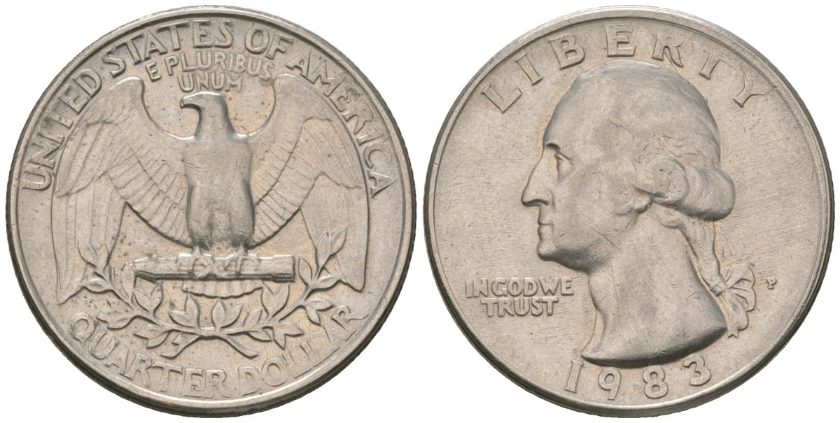 США 25 центов = квотер 1983 P, Вашингтон KM 164a медь плакированная медно-никелем 4595-254