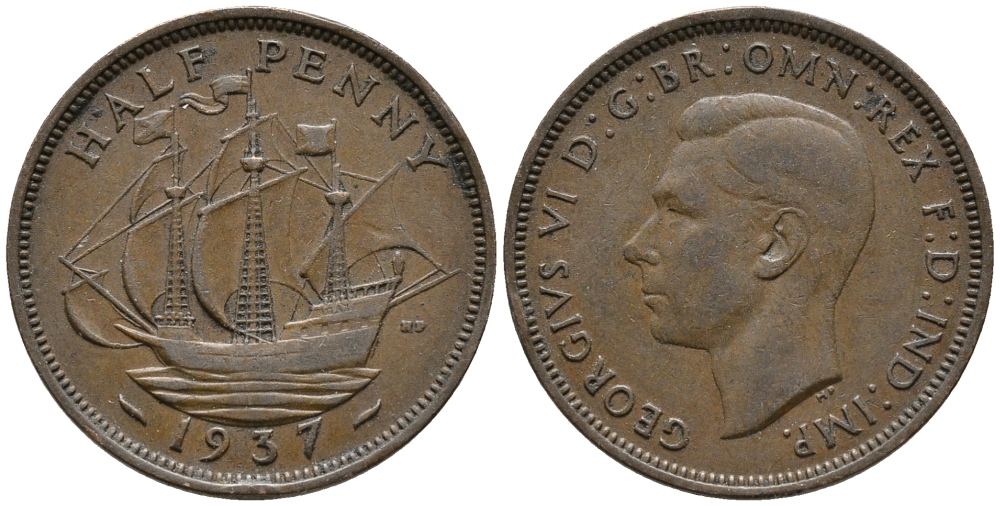 Великобритания 1/2 пенни 1937 Георг VI (1936-1952) KM 844, Spink 4115 бронза 34-1023