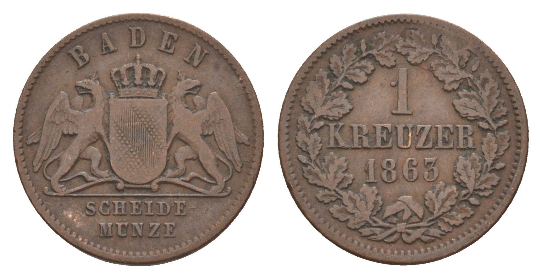 Баден 1 крейцер 1863 Фридрих I (1856-1907) KM 242, AKS 132, J. 81 медь 4659-117