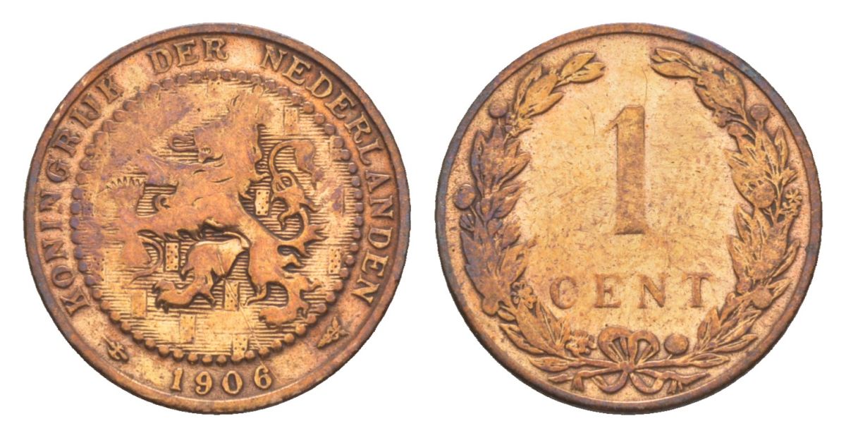 Нидерланды 1 цент 1906 Вильгельмина (1890-1948) KM 132 бронза 73-619