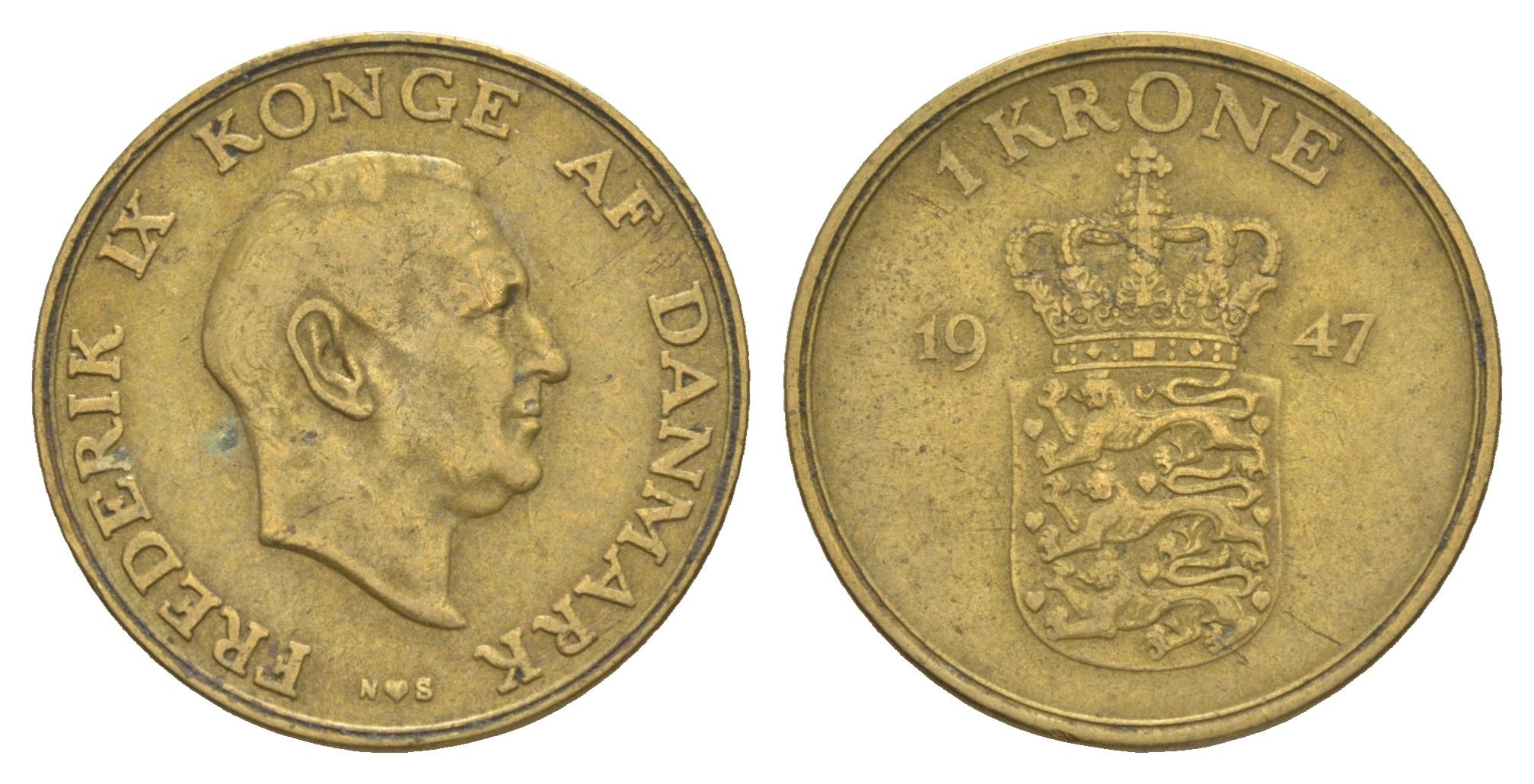 Дания 1 крона 1947 N, Фредерик IX (1947-1972) KM 837 алюминиевая бронза 4638-657
