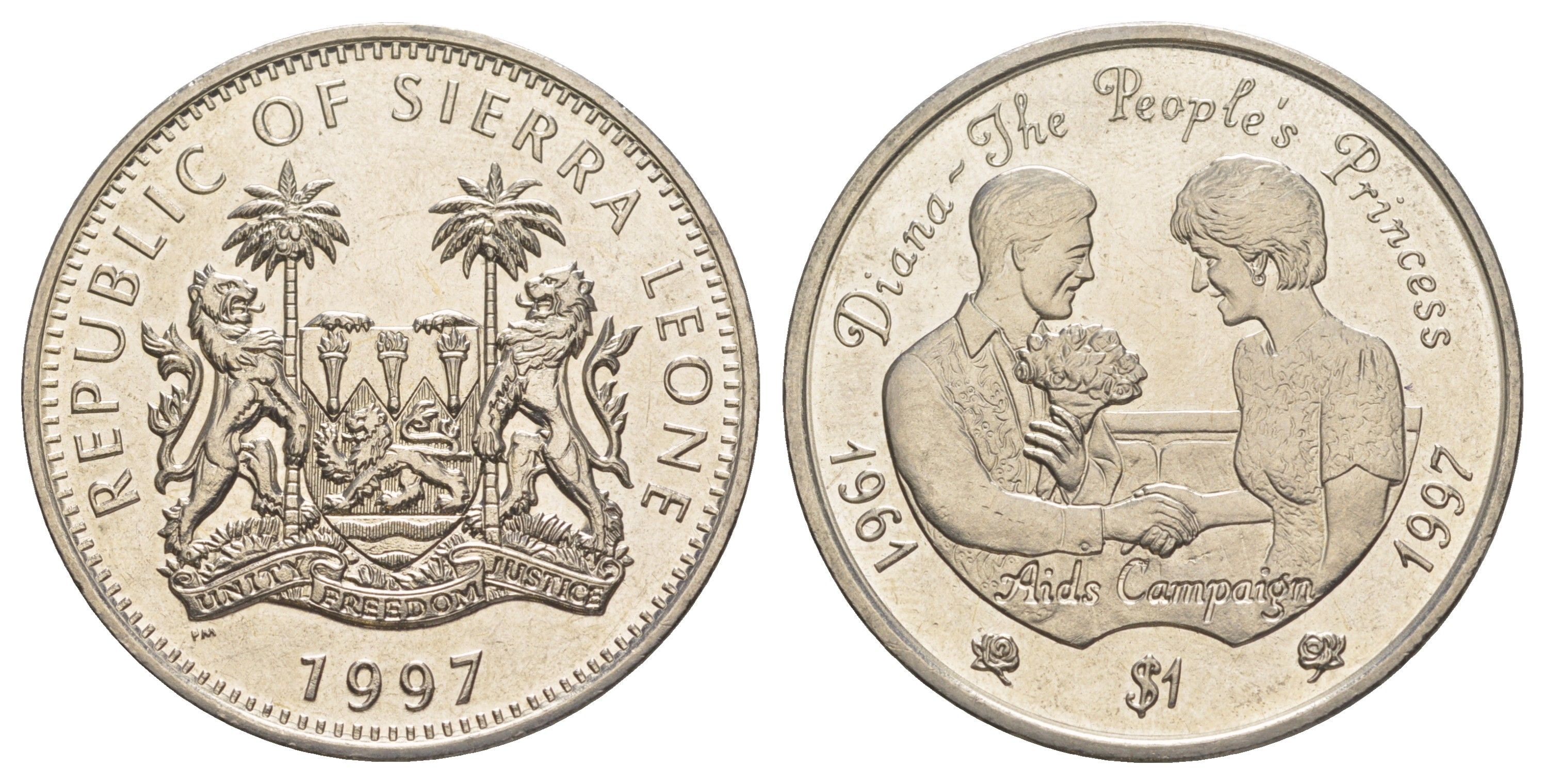 Сьерра-Леоне 1 доллар 1997 Диана - Народная принцесса, Кампания по борьбе со СПИДом KM 83 медно-никель BU 1521-1324