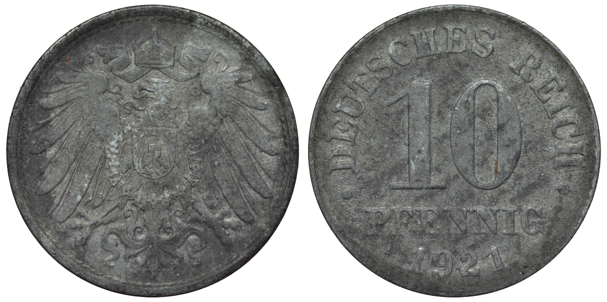 Германия 10 пфеннигов 1921 KM 26, J. 299, Weege 8 цинк 4119-345