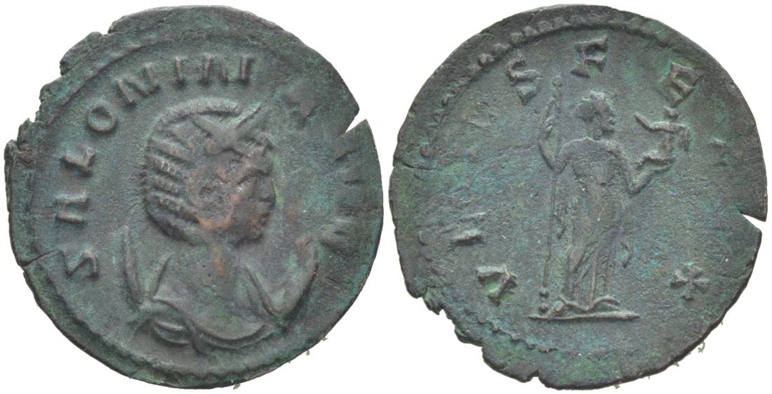 Римская Империя антониниан 254 - 268 Салонина, жена Галлиена, SALONINA AVG, бюст императрицы / VENVS FELIX, Венера, держащая купидона, Медиолан RIC 65 var биллон 1073-20-17