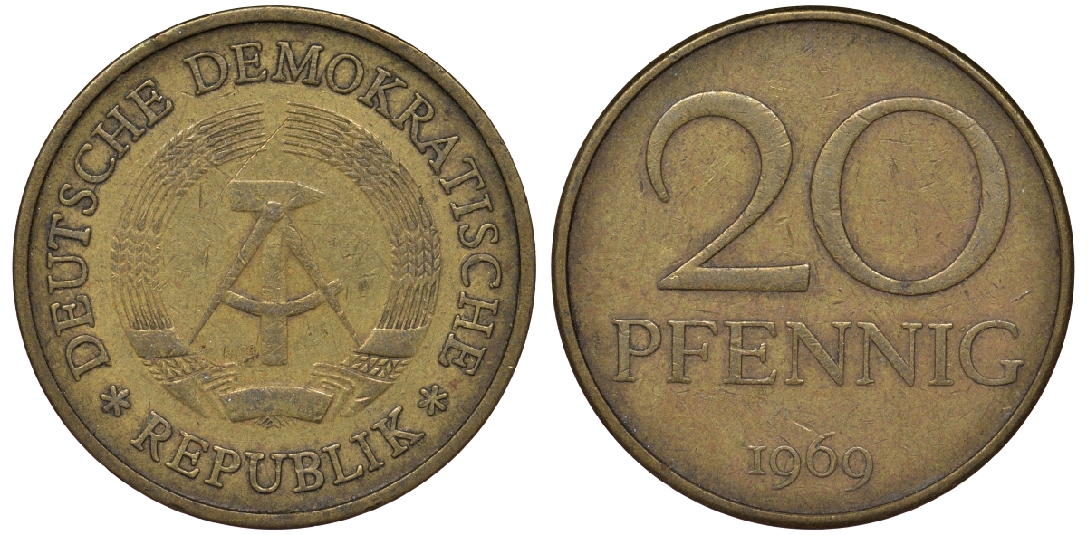 ГДР 20 пфеннигов 1969 А, первый год KM 11 латунь 62-1015