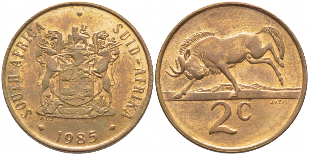 ЮАР 2 цента 1985 герб, антилопа гну KM 83 бронза UNC 110-544