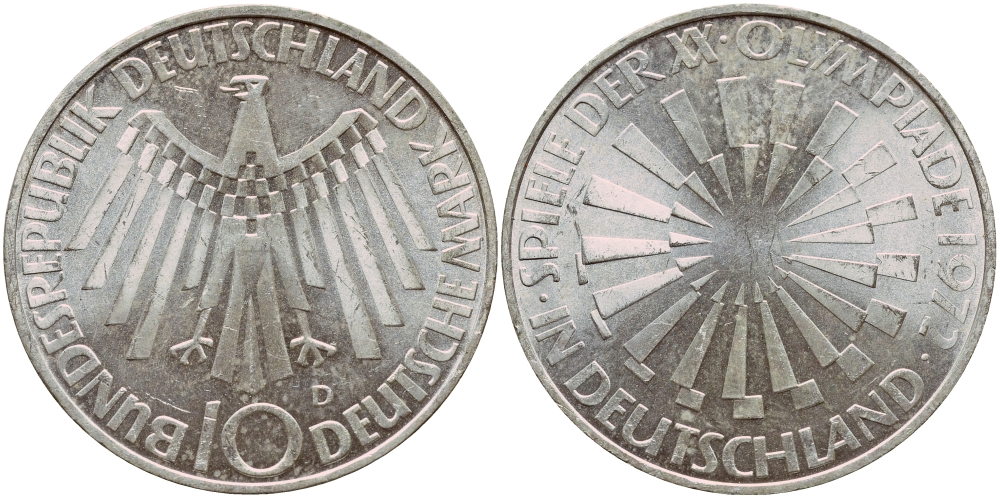 ФРГ 10 МАРОК 1972 D, ОЛИМПИАДА, СПИРАЛЬ J 401b, KM 134.1 серебро aUNC 1522-325