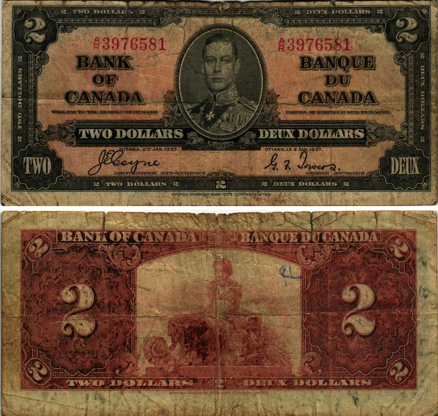 КАНАДА 2 ДОЛЛАРА 1937 ГЕОРГ VI, ПОДПИСЬ COYNE-TOWERS, BABNC Pick 59c бумага 7485-36-2