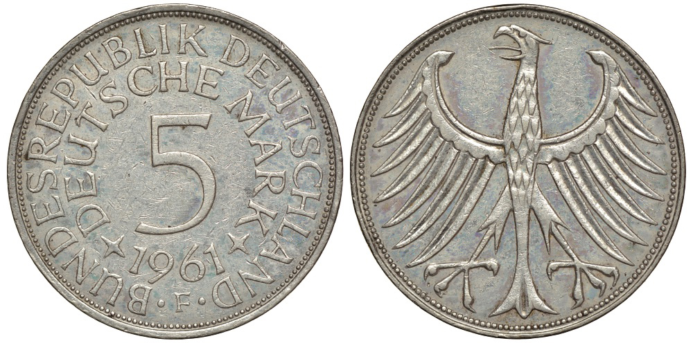 ФРГ 5 марок 1961 F, J. 387, KM 112.1 серебро 603-1242