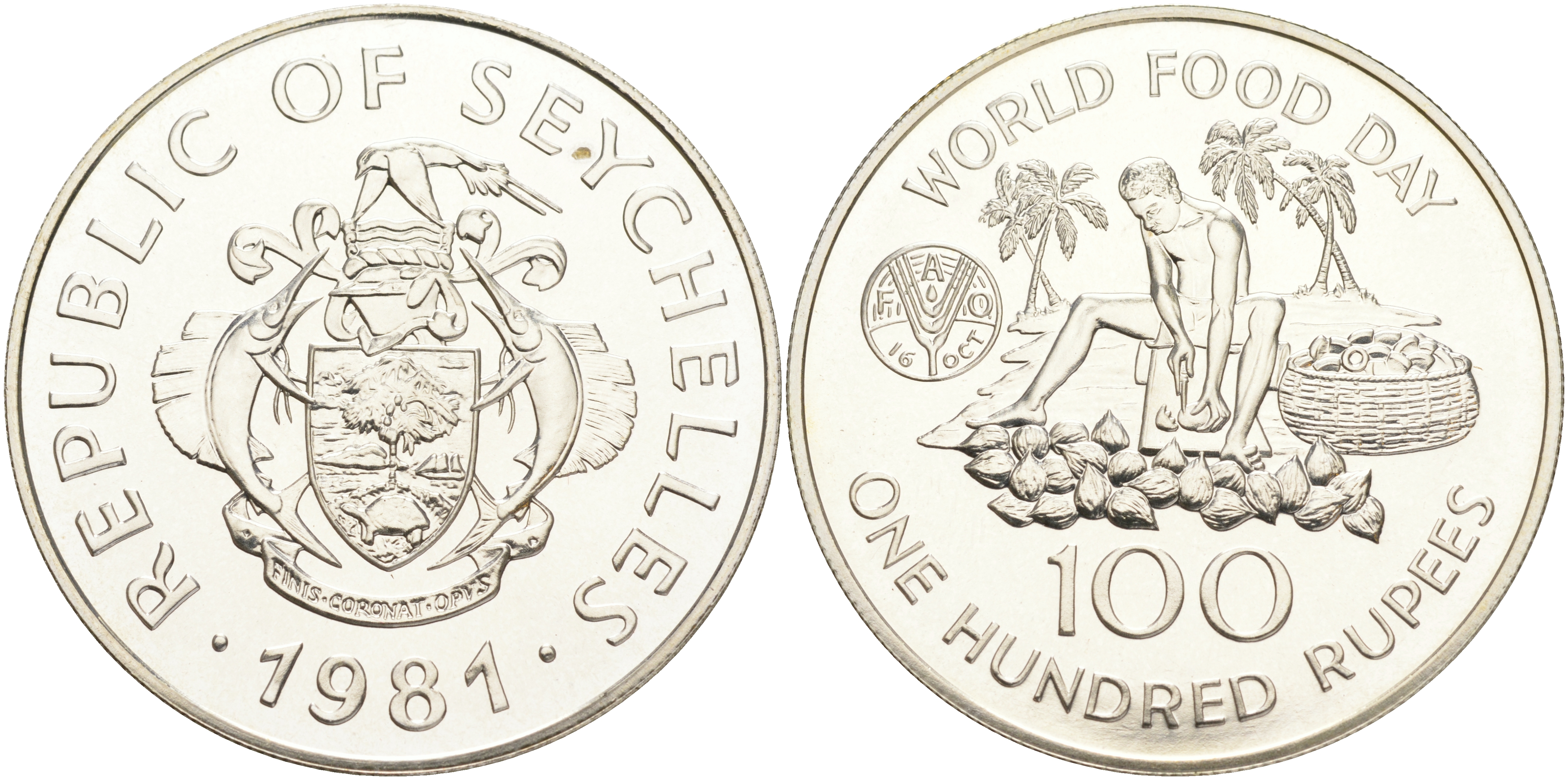 Сейшельские острова 100 рупий 1981 ФАО, всемирный день продовольствия, тираж 10000 экз. KM 45 a серебро UNC 02-263-12