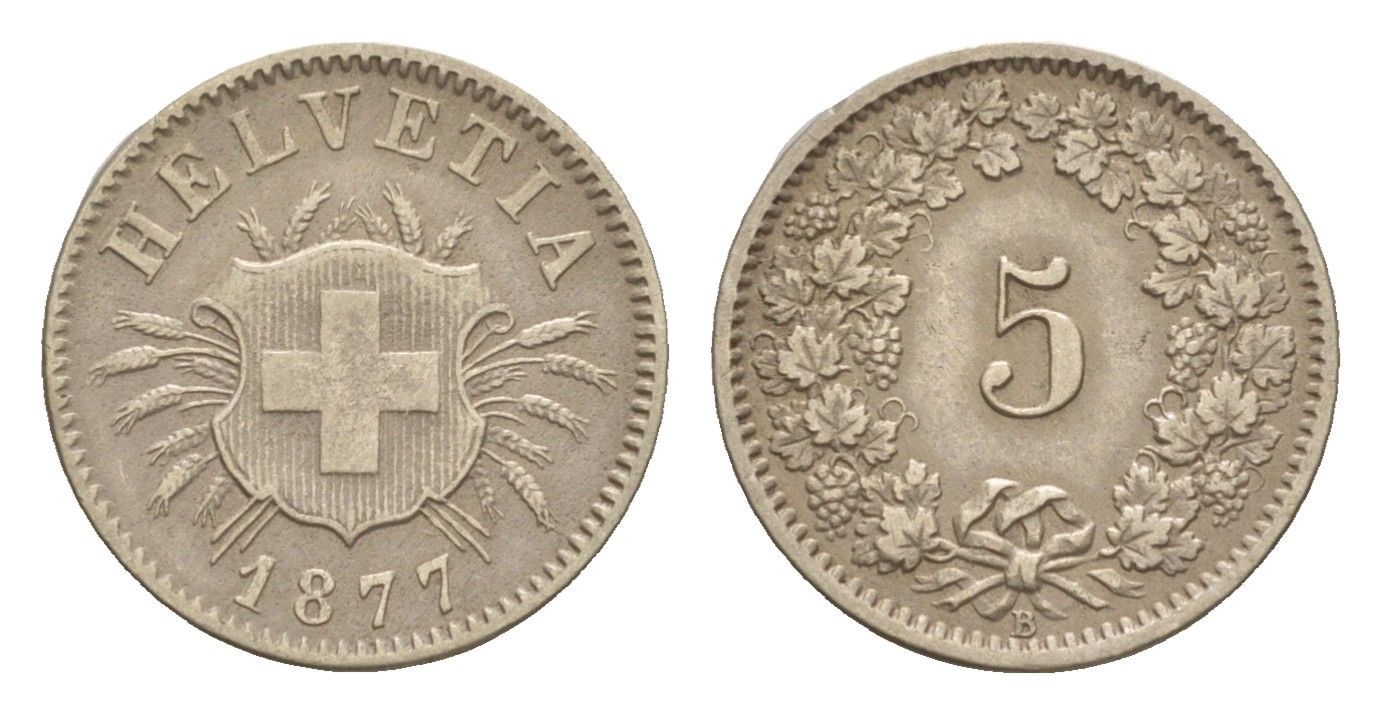 Швейцария 5 раппенов 1877 B, редкий год KM 5 серебро 1518-823