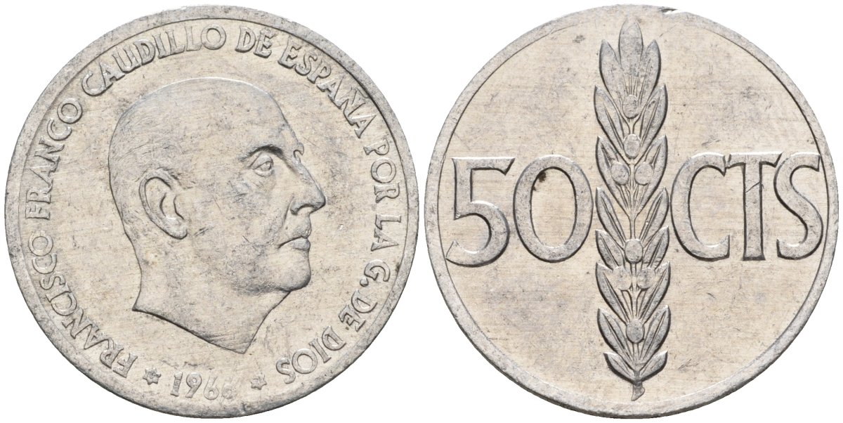 Испания 50 сентимо 1966 (71) Франсиско Франко (1939-1975) KM 795 алюминий 4388-357