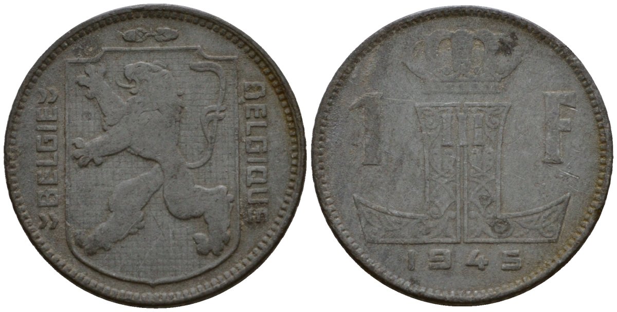 Бельгия 1 франк 1945 Belgie - Belgique KM 128 цинк 67-1056