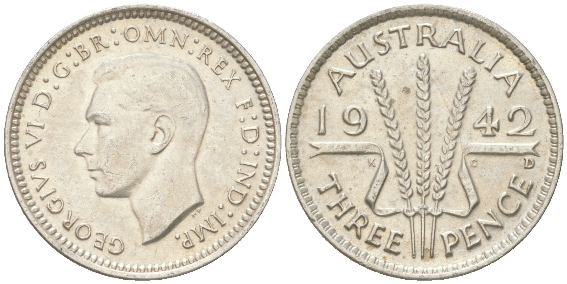 Австралия 3 пенса 1942 D, Георг V (1936-1952) KM 37 серебро 4621-1151