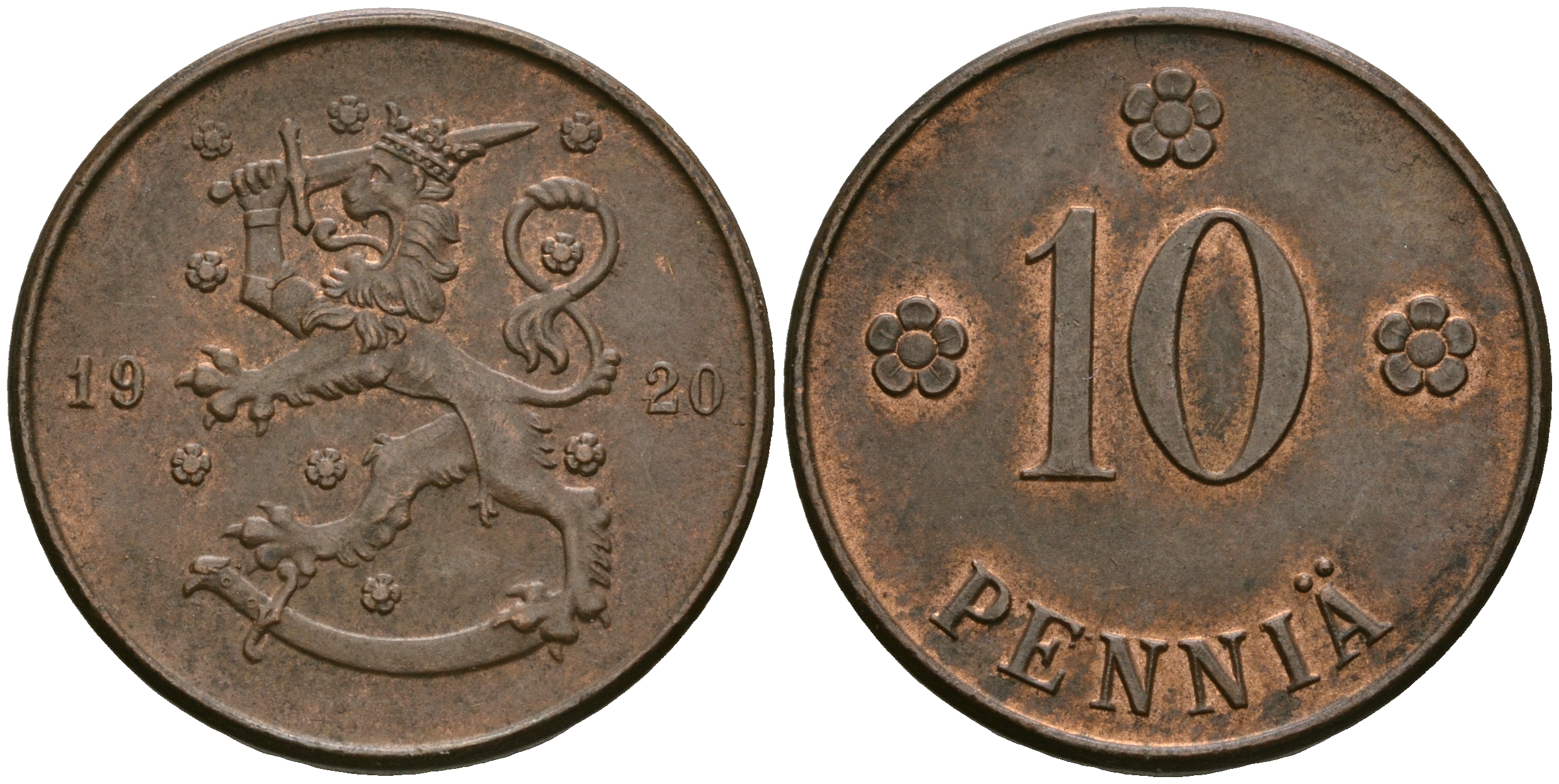 Финляндия 10 пенни 1920 республика (1918-1962) KM 24 медь 08-1056