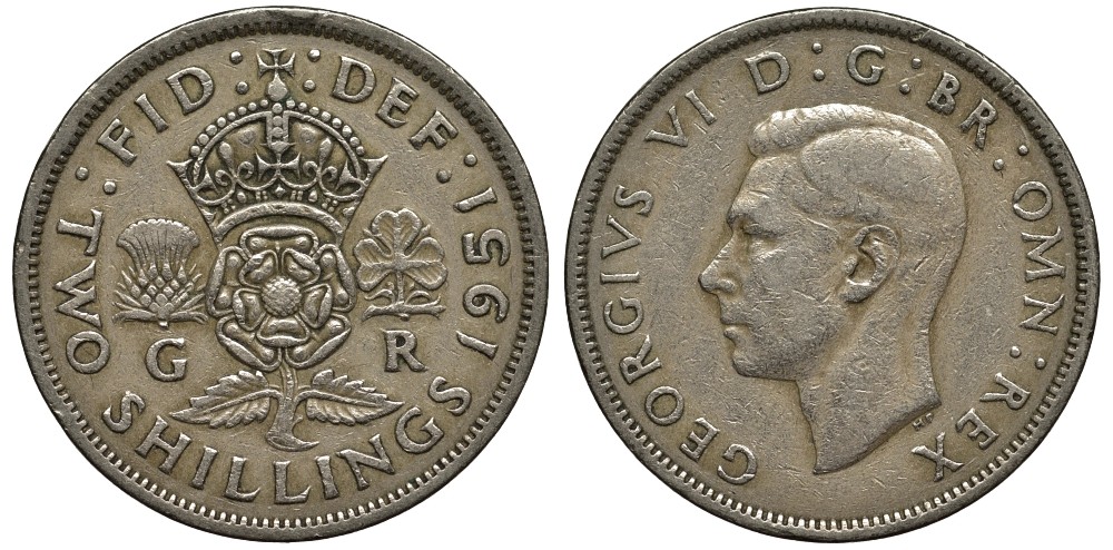 Великобритания 2 шиллинга (флорин) 1951 Георг VI (1936-1952) KM 878, Spink 4107 медно-никель 3855-936