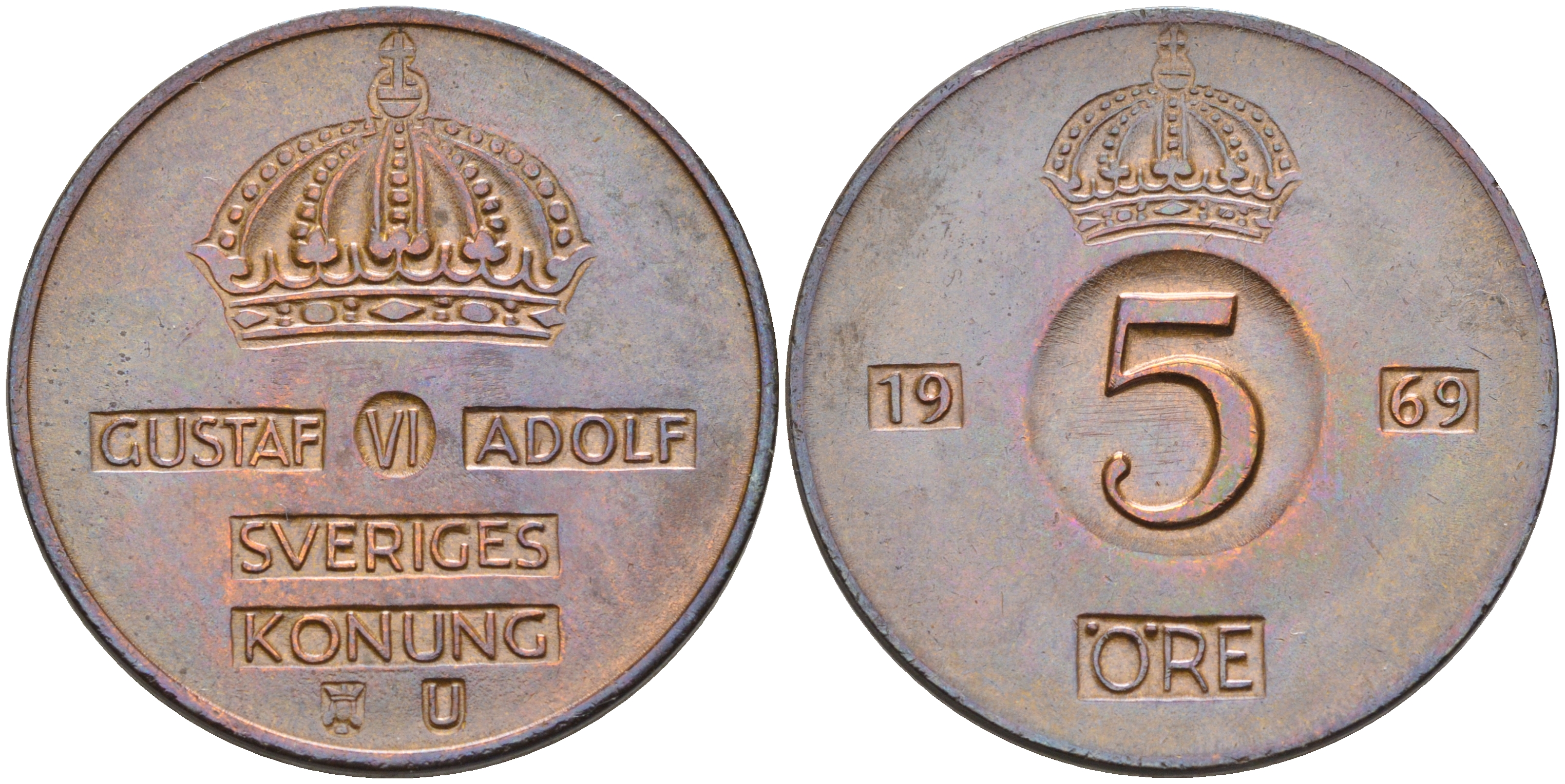 Швеция 5 эре 1969 U Густав VI Адольф (1950-1973) KM 822 бронза 4595-1026