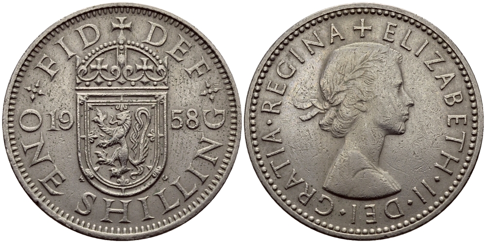Великобритания 1 шиллинг 1958 Елизавета II (1952-2022), Шотландский герб KM 905, Spink 4148 медно-никель 75-232