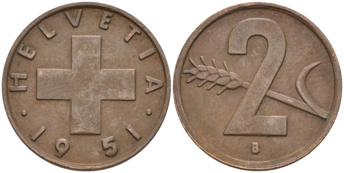 Швейцария 2 раппена 1951 В KM 47 бронза 4114-857