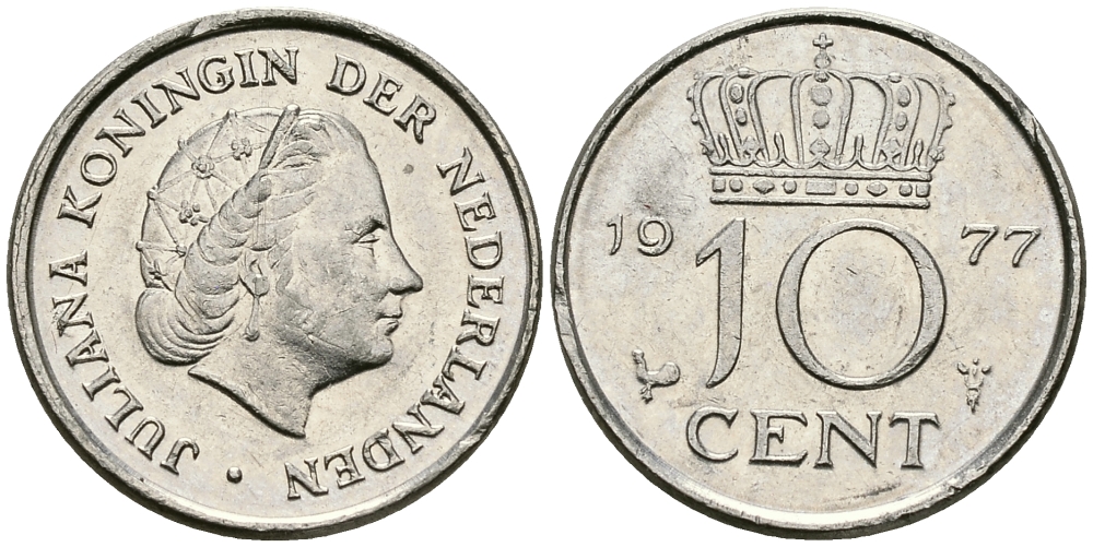 НИДЕРЛАНДЫ 10 ЦЕНТОВ 1977 ЮЛИАНА KM 182 никель 96-351