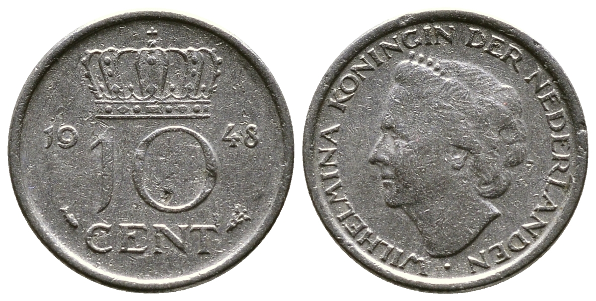 Нидерланды 10 центов 1948 Вильгельмина (1895-1948) KM 177 никель 261-624