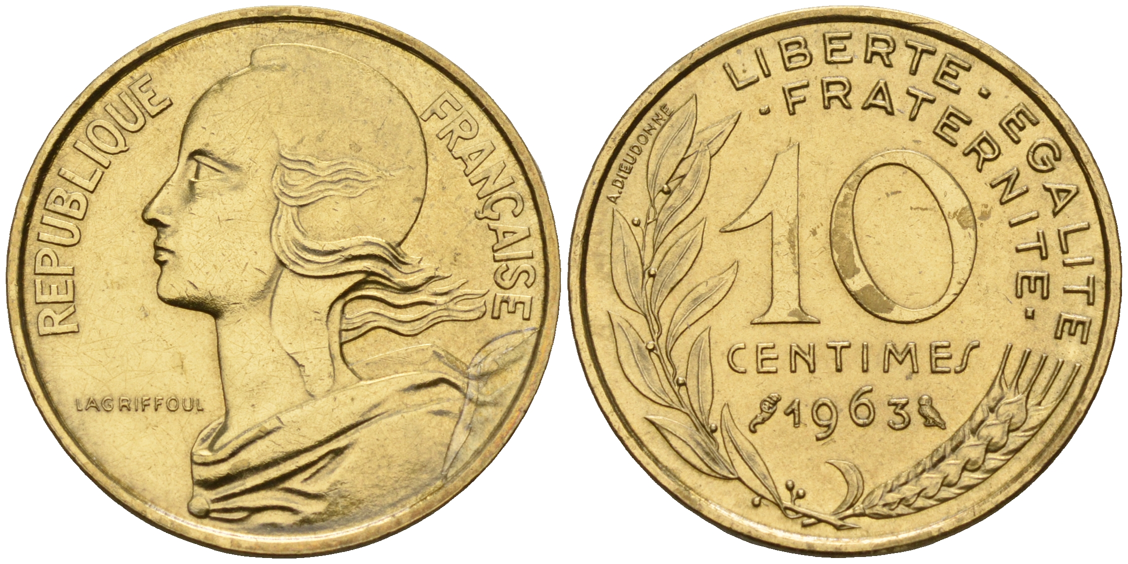 Франция 10 сантимов 1963 тип Марианна KM 929 медь алюминий никель    4152-1228