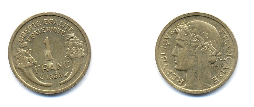 ФРАНЦИЯ 1 ФРАНК 1938 ТИП MORLON KM 885, LE FRANC 219.9 алюминиевая бронза 4379-1346