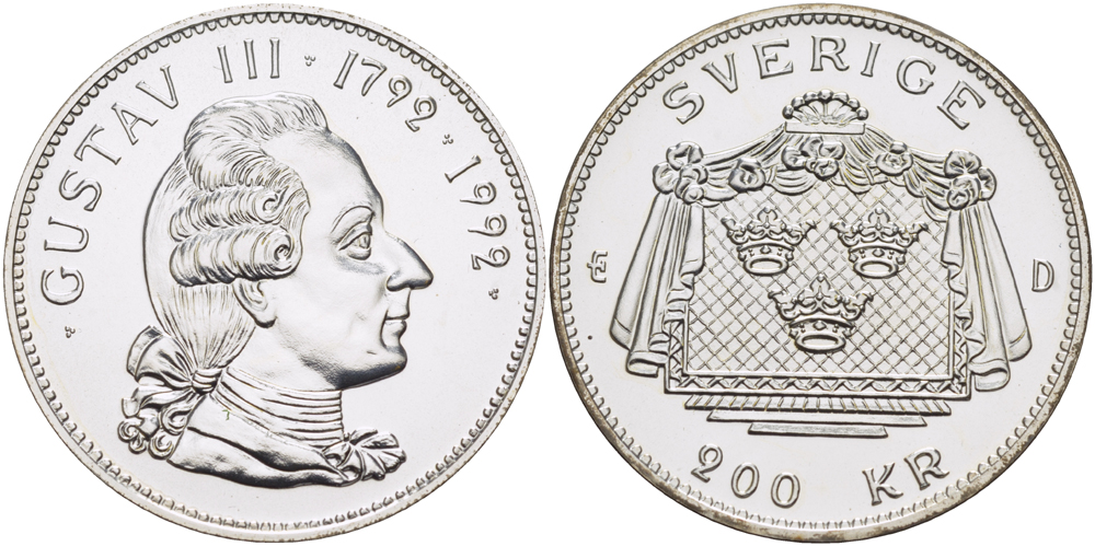 ШВЕЦИЯ 200 КРОН 1992 200 ЛЕТ СО ДНЯ СМЕРТИ ГУСТАВА III, КАРЛ XVI ГУСТАВ, ПРОБА 925, ВЕС 27 ГР., ТИРАЖ 50000 ЭКЗ., В ОРИГИНАЛЬНОЙ ПЛАСТИКОВОЙ УПАКОВКЕ KM 879 серебро BUNC 1082-7-11
