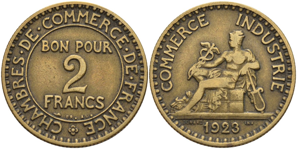 Франция 2 франка 1923 Третья республика (1871-1940) KM 877, Le Franc 267.7 алюминиевая бронза 4144-321