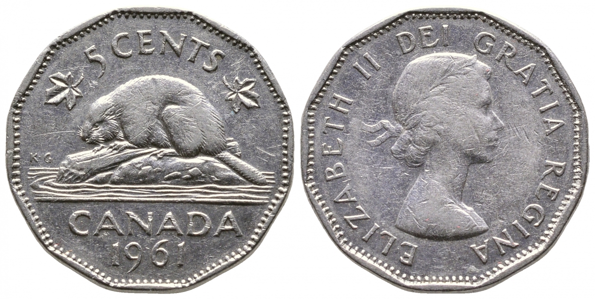 Канада 5 центов 1961 Елизавета II (1952-), бобр KM 50а никель 4364-2315