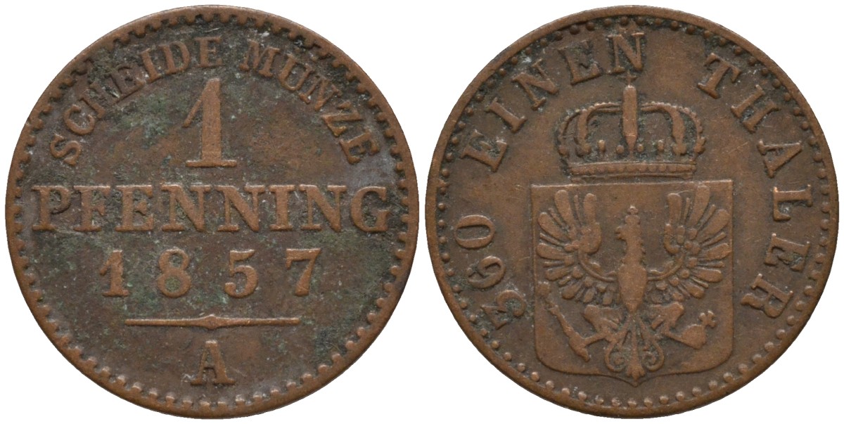Пруссия 1 пфенниг 1857 A, Фридрих Вильгельм IV (1840-1861) KM 451 медь 4532-321